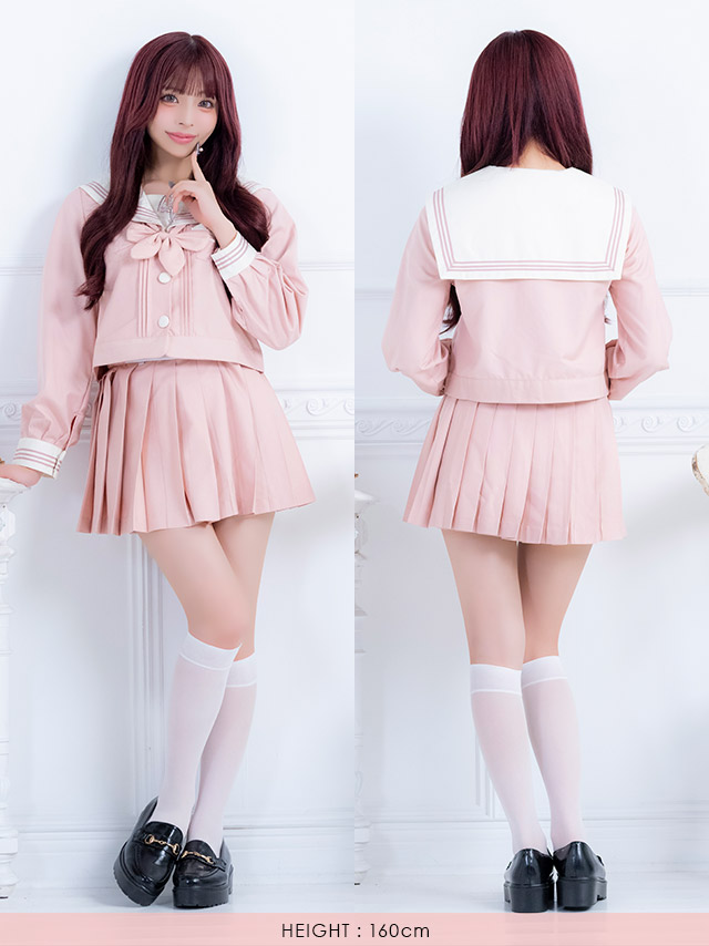 コスプレ 制服 3点set セーラー ミニスカート 学生服 (トップス/スカート/スカーフ)【ハロウィン】[tk-hwjk27001]のピンクピンクフロントバッグ全身画像