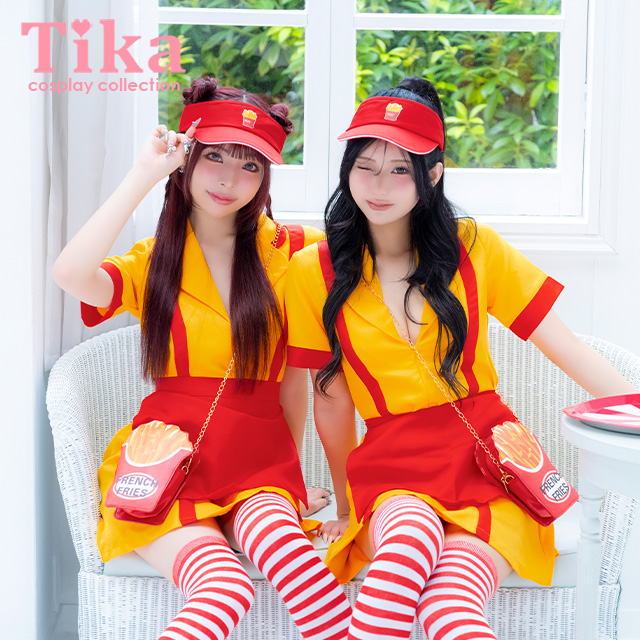 コスプレ 制服 4点set ダイナー アメリカンハンバーガー 体型カバー フレアスカート ショップガール (ワンピース/帽子/エプロン/ニーハイソックス)のメイン画像