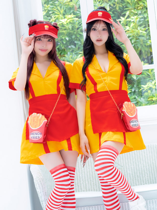 コスプレ 制服 5点set ダイナー アメリカンハンバーガー 体型カバー フレアスカート ショップガール (ワンピース/帽子/エプロン/ニーハイソックス/バッグ)【ハロウィン】[tk-hwpsc2118b]のイメージ画像1