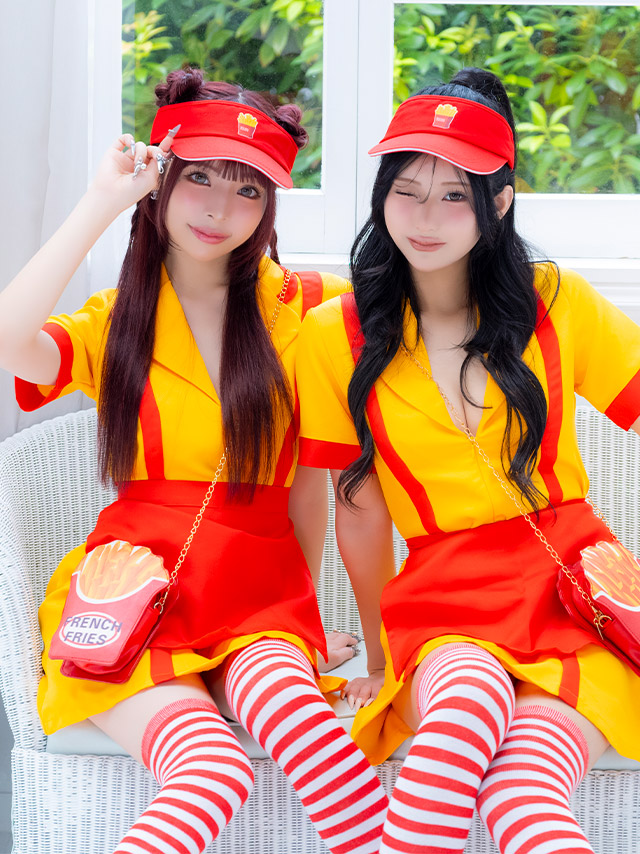 コスプレ 制服 5点set ダイナー アメリカンハンバーガー 体型カバー フレアスカート ショップガール (ワンピース/帽子/エプロン/ニーハイソックス/バッグ)【ハロウィン】[tk-hwpsc2118a]のイメージ画像2