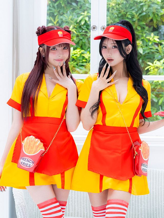コスプレ 制服 5点set ダイナー アメリカンハンバーガー 体型カバー フレアスカート ショップガール (ワンピース/帽子/エプロン/ニーハイソックス/バッグ)【ハロウィン】[tk-hwpsc2118a]のイメージ画像3