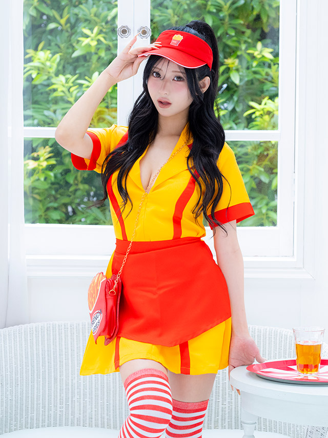 コスプレ 制服 5点set ダイナー アメリカンハンバーガー 体型カバー フレアスカート ショップガール (ワンピース/帽子/エプロン/ニーハイソックス/バッグ)【ハロウィン】[tk-hwpsc2118a]のイメージ画像4