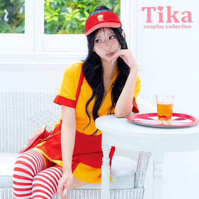 コスプレ 制服 5点set ダイナー アメリカンハンバーガー 体型カバー フレアスカート ショップガール (ワンピース/帽子/エプロン/ニーハイソックス/バッグ)【ハロウィン】[tk-hwpsc2118b]のメイン画像