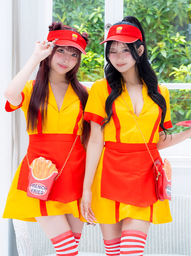コスプレ 制服 5点set ダイナー アメリカンハンバーガー 体型カバー フレアスカート ショップガール (ワンピース/帽子/エプロン/ニーハイソックス/バッグ)【ハロウィン】[tk-hwpsc2118b]のイメージ画像4
