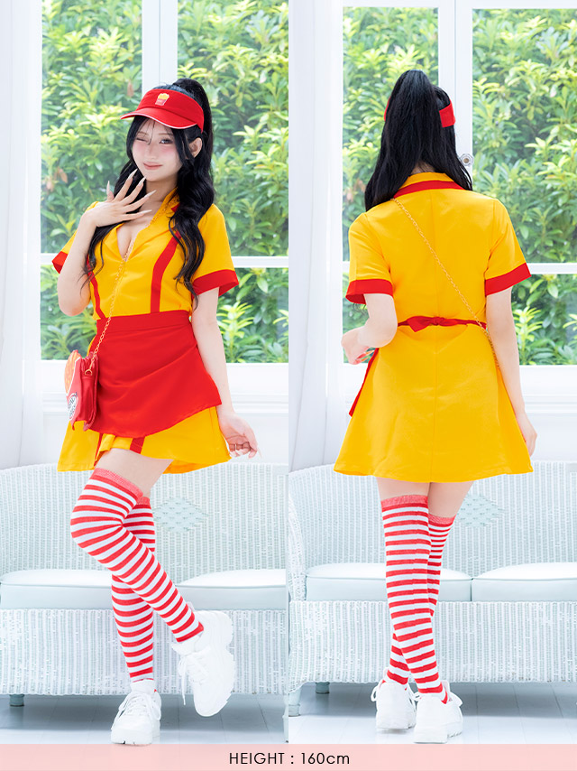 コスプレ 制服 5点set ダイナー アメリカンハンバーガー 体型カバー フレアスカート ショップガール (ワンピース/帽子/エプロン/ニーハイソックス/バッグ)【ハロウィン】[tk-hwpsc2118b]のフロントバック全身