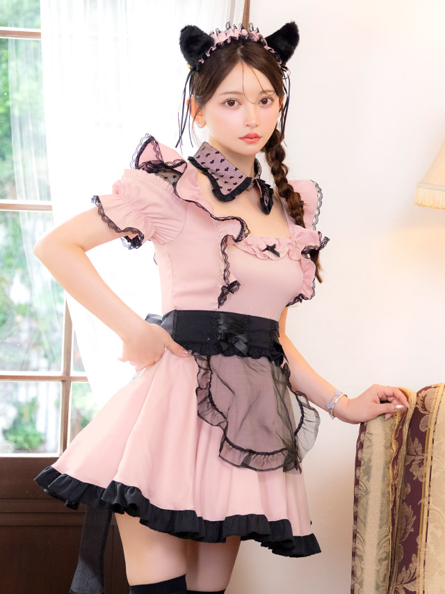 コスプレ 猫 6点set 体型カバー メイド 制服 黒猫 フリル ラブリー バイカラー フレアスカート ガーリー アニマル (付け襟/ワンピース/エプロン/カチューシャ/パニエ/ニーハイソックス)【ハロウィン】[tk-hwt103]
のイメージ画像3