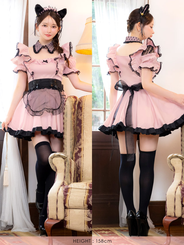 コスプレ 猫 6点set 体型カバー メイド 制服 黒猫 フリル ラブリー バイカラー フレアスカート ガーリー アニマル (付け襟/ワンピース/エプロン/カチューシャ/パニエ/ニーハイソックス)【ハロウィン】[tk-hwt103]
のフロントバッグ全身画像