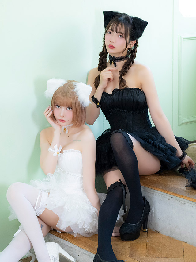コスプレ 猫 7点set ベアトップ コルセット風 ボリュームフレアスカート ロリーター アニマル (チョーカー/ワンピース/リボン/猫耳/リストバンド/インナーパンツ/ニーハイソックス)【ハロウィン】[tk-hwtz192]のイメージ画像3