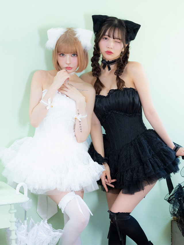 コスプレ 猫 7点set ベアトップ コルセット風 ボリュームフレアスカート ロリーター アニマル (チョーカー/ワンピース/リボン/猫耳/リストバンド/インナーパンツ/ニーハイソックス)【ハロウィン】[tk-hwtz192]のイメージ画像4