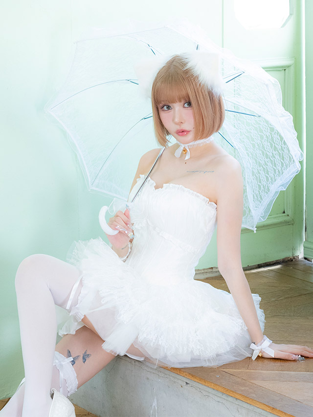 コスプレ 猫 7点set ベアトップ コルセット風 ボリュームフレアスカート ロリーター アニマル (チョーカー/ワンピース/リボン/猫耳/リストバンド/インナーパンツ/ニーハイソックス)【ハロウィン】[tk-hwtz192]のイメージ画像5