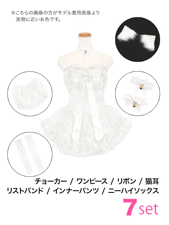 コスプレ 猫 7点set ベアトップ コルセット風 ボリュームフレアスカート ロリーター アニマル (チョーカー/ワンピース/リボン/猫耳/リストバンド/インナーパンツ/ニーハイソックス)【ハロウィン】[tk-hwtz192]のセット内容