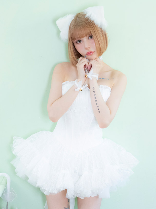 コスプレ 猫 7点set ベアトップ コルセット風 ボリュームフレアスカート ロリーター アニマル (チョーカー/ワンピース/リボン/猫耳/リストバンド/インナーパンツ/ニーハイソックス)【ハロウィン】[tk-hwtz192a]のイメージ画像1