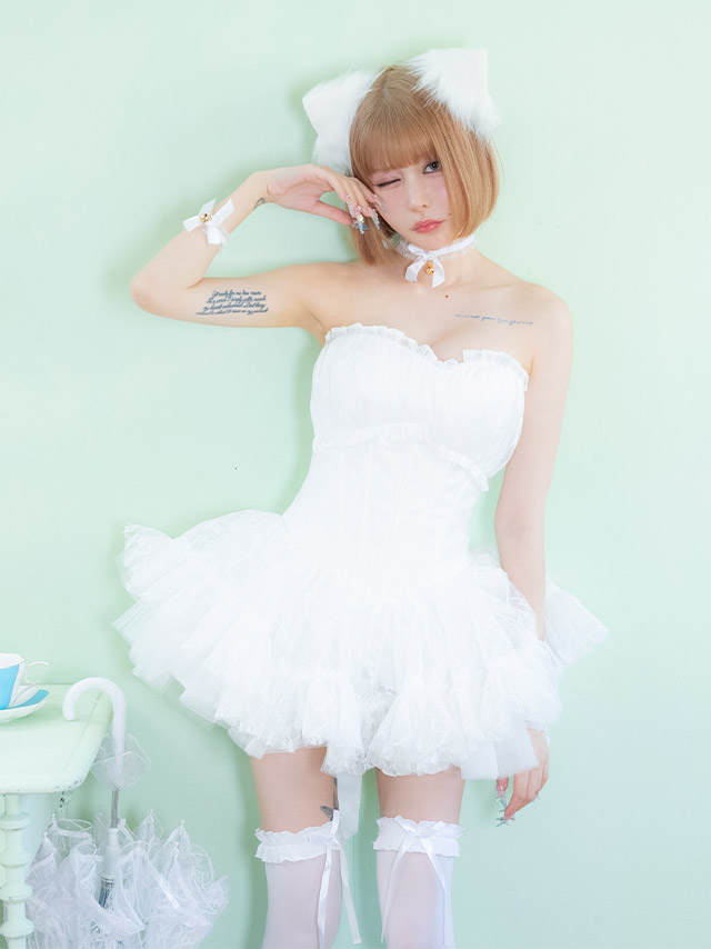 コスプレ 猫 7点set ベアトップ コルセット風 ボリュームフレアスカート ロリーター アニマル (チョーカー/ワンピース/リボン/猫耳/リストバンド/インナーパンツ/ニーハイソックス)【ハロウィン】[tk-hwtz192a]のイメージ画像2