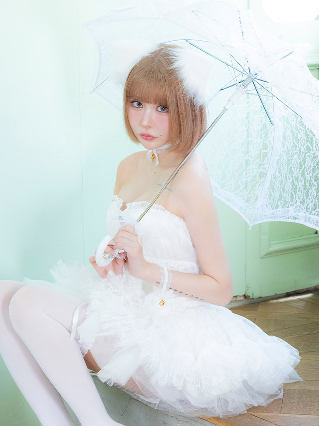 コスプレ 猫 7点set ベアトップ コルセット風 ボリュームフレアスカート ロリーター アニマル (チョーカー/ワンピース/リボン/猫耳/リストバンド/インナーパンツ/ニーハイソックス)【ハロウィン】[tk-hwtz192a]のイメージ画像3