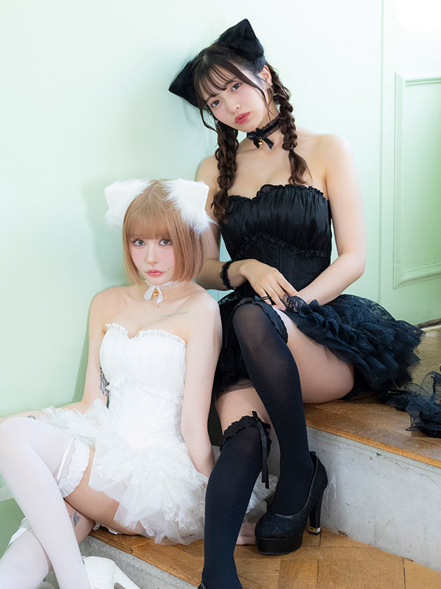 コスプレ 猫 7点set ベアトップ コルセット風 ボリュームフレアスカート ロリーター アニマル (チョーカー/ワンピース/リボン/猫耳/リストバンド/インナーパンツ/ニーハイソックス)【ハロウィン】[tk-hwtz192a]のイメージ画像4
