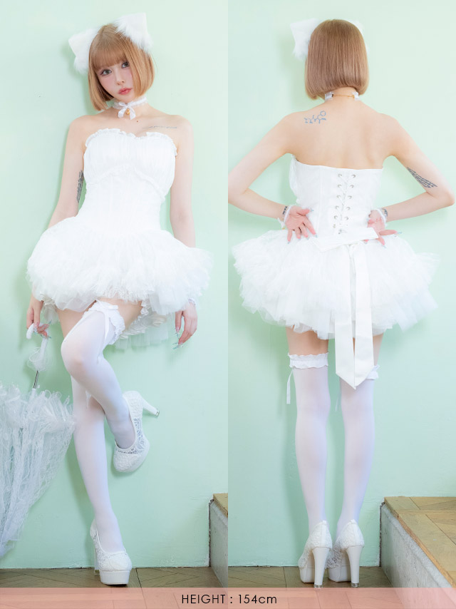 コスプレ 猫 7点set ベアトップ コルセット風 ボリュームフレアスカート ロリーター アニマル (チョーカー/ワンピース/リボン/猫耳/リストバンド/インナーパンツ/ニーハイソックス)【ハロウィン】[tk-hwtz192]のイメージ画像5