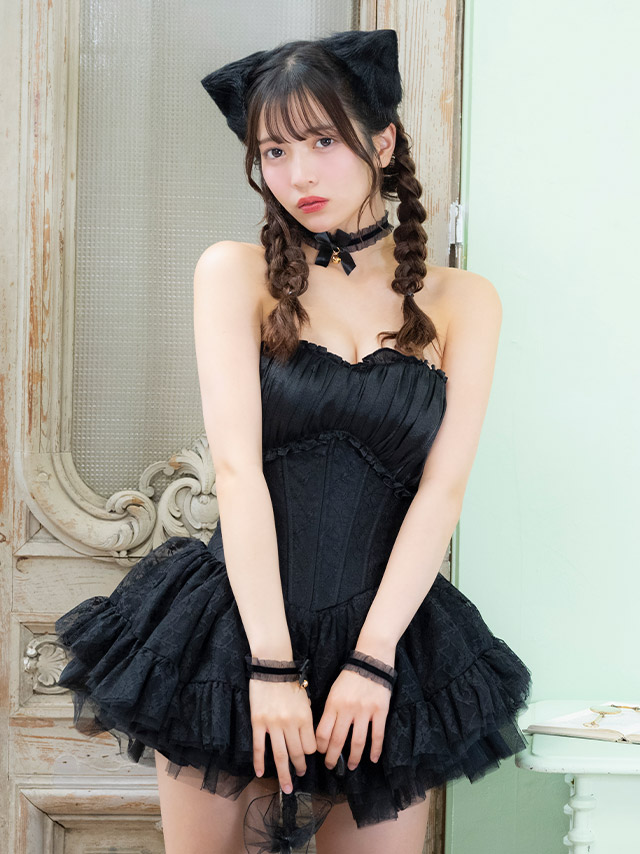 コスプレ 猫 7点set ベアトップ コルセット風 ボリュームフレアスカート ロリーター アニマル (チョーカー/ワンピース/リボン/猫耳/リストバンド/インナーパンツ/ニーハイソックス)【ハロウィン】[tk-hwtz192b]のイメージ画像1