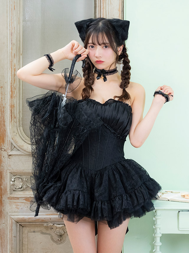 コスプレ 猫 7点set ベアトップ コルセット風 ボリュームフレアスカート ロリーター アニマル (チョーカー/ワンピース/リボン/猫耳/リストバンド/インナーパンツ/ニーハイソックス)【ハロウィン】[tk-hwtz192b]のイメージ画像2