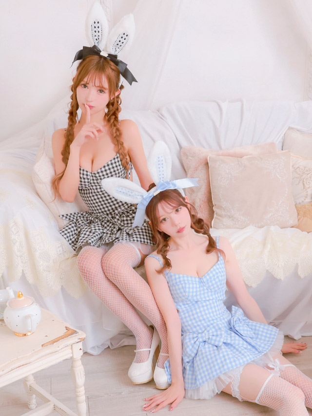 コスプレ バニー 4点set ギンガムチェク リボン フレアスカート ガーリー アニマル (ワンピース/カチューシャ/しっぽ/インナーパンツ)【ハロウィン】[tk-hwtz318]のイメージ画像4