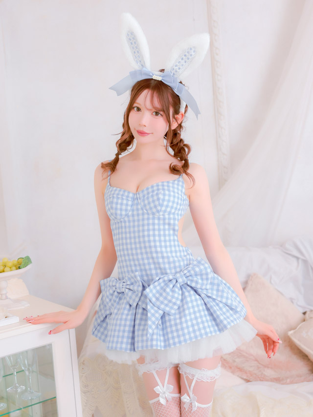 コスプレ バニー 4点set ギンガムチェク リボン フレアスカート ガーリー アニマル (ワンピース/カチューシャ/しっぽ/インナーパンツ)【ハロウィン】[tk-hwtz318]のイメージ画像2