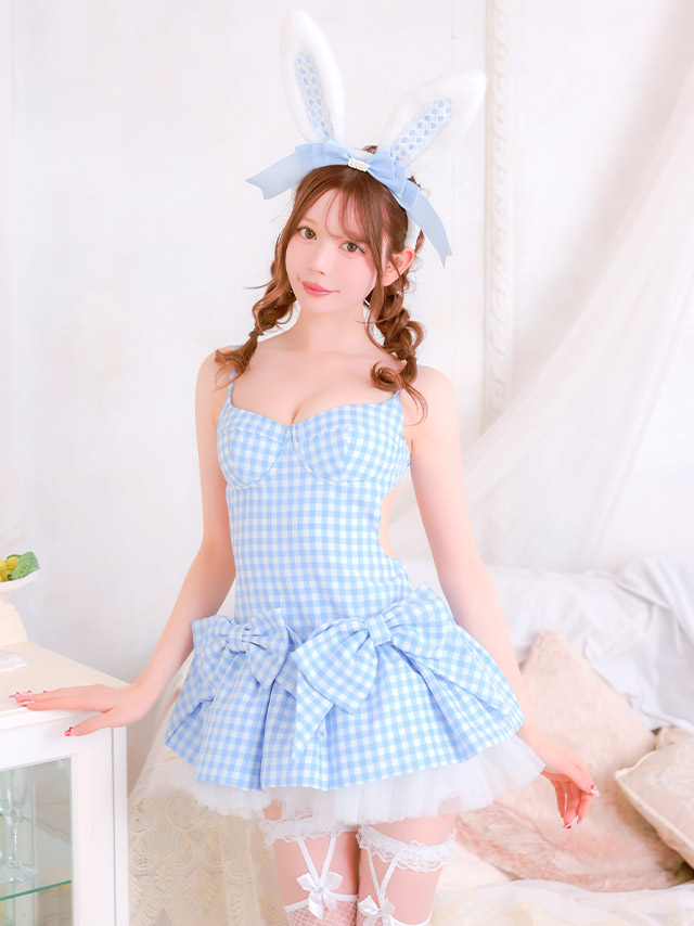 コスプレ バニー 4点set ギンガムチェク リボン フレアスカート ガーリー アニマル (ワンピース/カチューシャ/しっぽ/インナーパンツ)【ハロウィン】[tk-hwtz318]のイメージ画像3