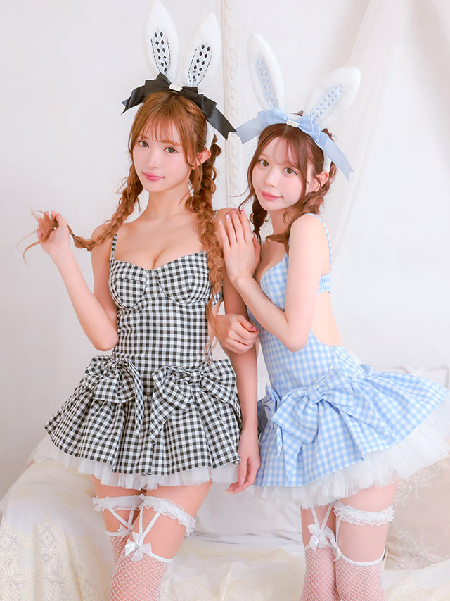 コスプレ バニー 4点set ギンガムチェク リボン フレアスカート ガーリー アニマル (ワンピース/カチューシャ/しっぽ/インナーパンツ)【ハロウィン】[tk-hwtz318]のイメージ画像5