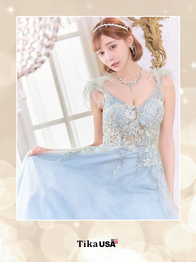 ブルー刺繍レース×フェザーボリュームラメ地Aラインロングドレスのイメージ画像1