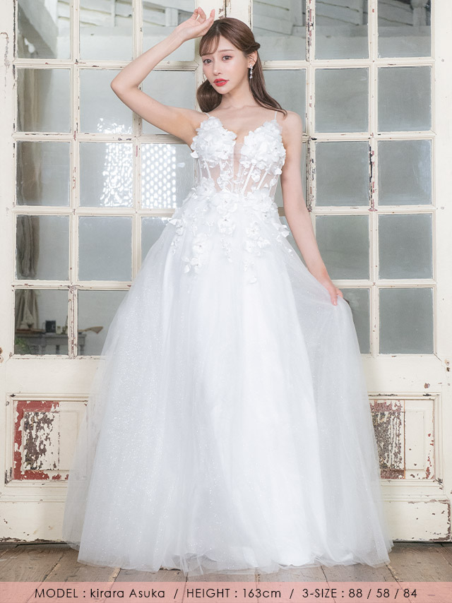 LAブランド直輸入 シアーコルセット風3Dフラワーキャミソールラメチュールロングドレスの全身フロント画像