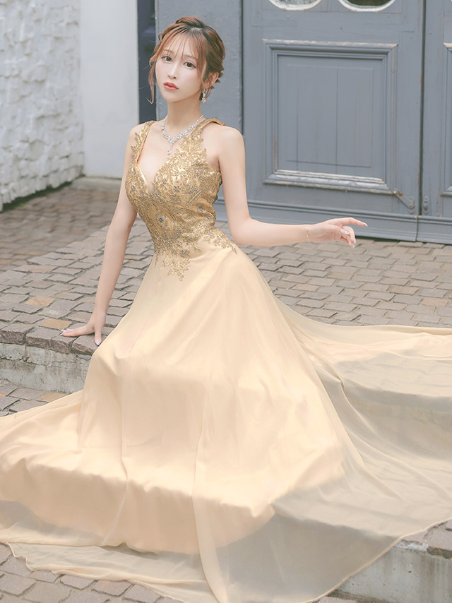LAブランド直輸入 ノースリーブバストシアーゴールドゴージャス刺繍ビジューAラインシフォンロングドレスのイメージ画像3