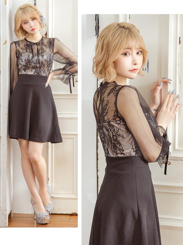 韓国ドレス] フラワーレース長袖フレアミニドレス (Sサイズ～Lサイズ