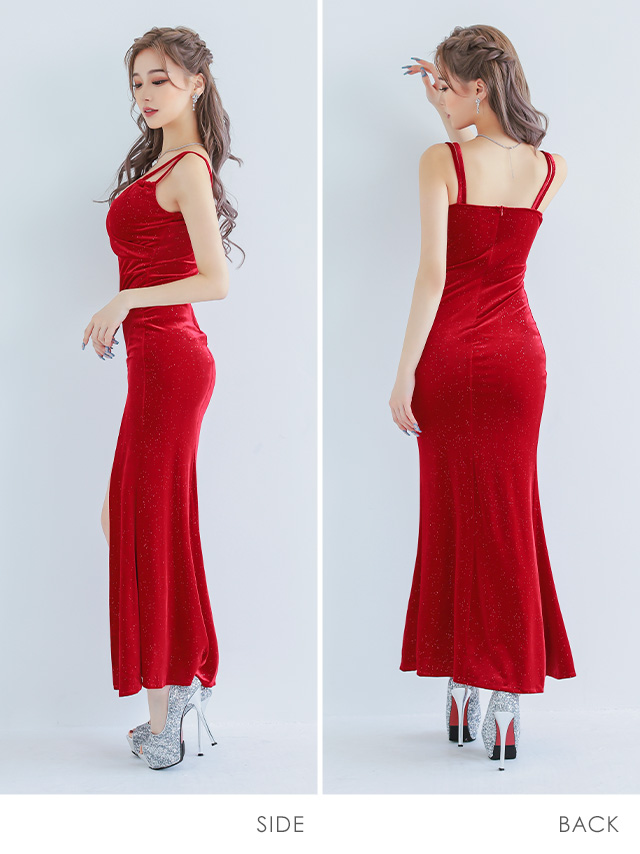 ラメベロアカシュクール風デザインキャミソールタイトロングドレス のイメージ画像1
