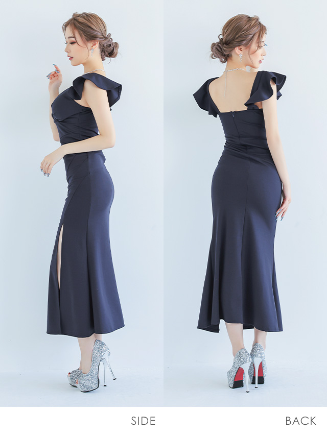 ワンカラーフリル袖バストクロスギャザーデザインプチプラタイトロングドレスのイメージ画像1