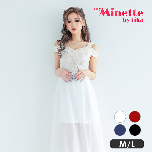 異素材MIXメッシュレース×シフォンスカート肩あきAラインロングドレスのメイン画像