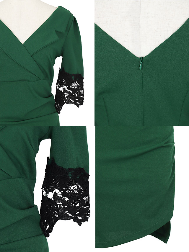 襟付き袖ありレースラップデザインタイトミニドレスのイメージ画像1