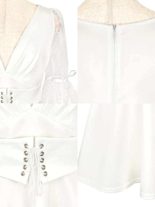 袖ありドットチュール切り替えウエストコルセットデザインフレアミニドレスの商品詳細