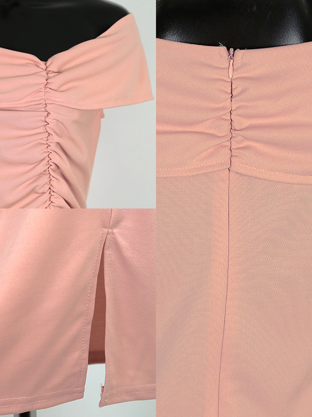 シャーリングオフショルスリットワンカラータイト膝丈ドレスの商品詳細