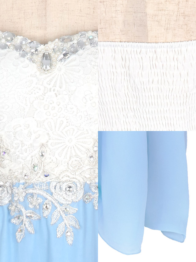ベアバストビジューフラワー刺繍切替シフォンAラインロングドレスの商品特徴