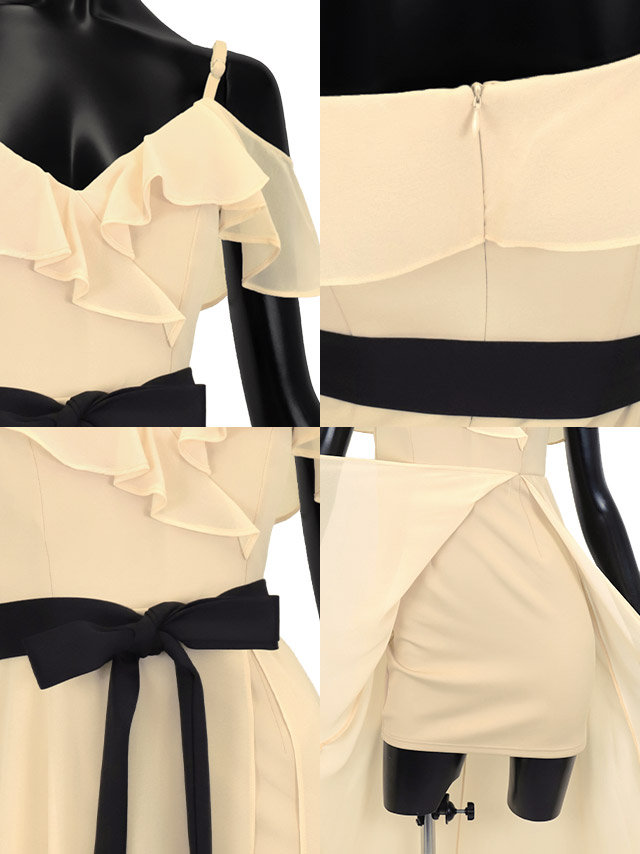 ウエストリボン付き肩あきVネック胸元フリルシフォンレイヤードAラインロングドレスの商品特徴
