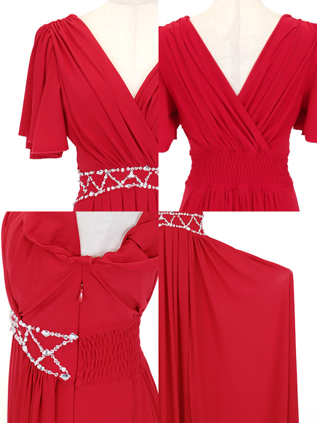 フリル袖カシュクールデザインビジューラインドレープ半袖Aラインロングドレスの商品特徴
