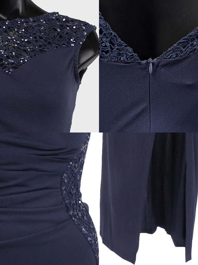 胸元スパンコールレースノースリーブタイトロングドレスの商品詳細画像1
