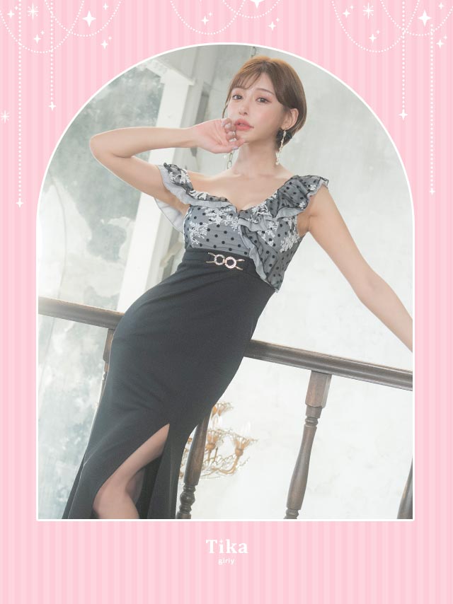 ワンショルダー胸元フリルシアードット柄刺繍切り替えスリットストレッチタイトロングドレスのイメージ画像1