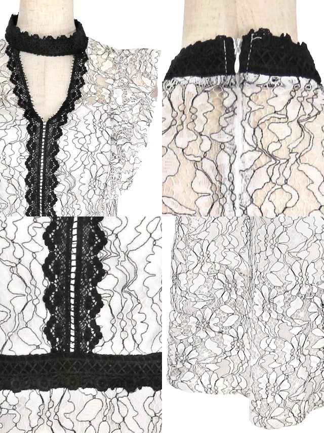 オールレースフリル袖ネックデザインデコルテカットノースリーブAラインロングドレスの商品詳細1