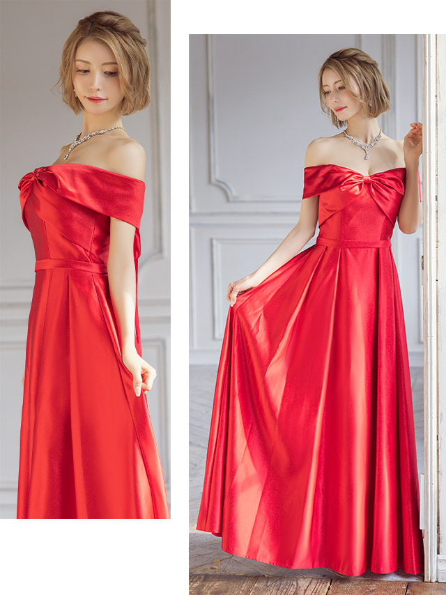 リボンデザインオフショルダーワンカラーAラインロングドレスのイメージ画像2