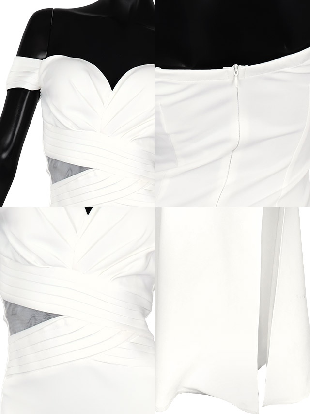 オフショルダーハートカットウエストシアースリットストレッチタイトロングドレスの商品特徴