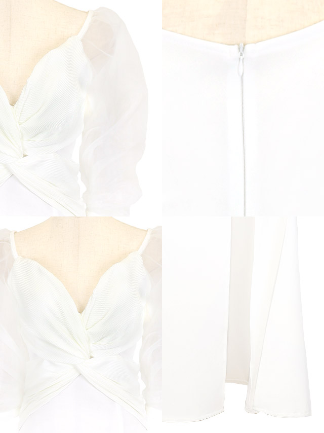 袖ありシフォンパフスリーブハートネックフロントツイストスリットタイトロングドレスの商品特徴