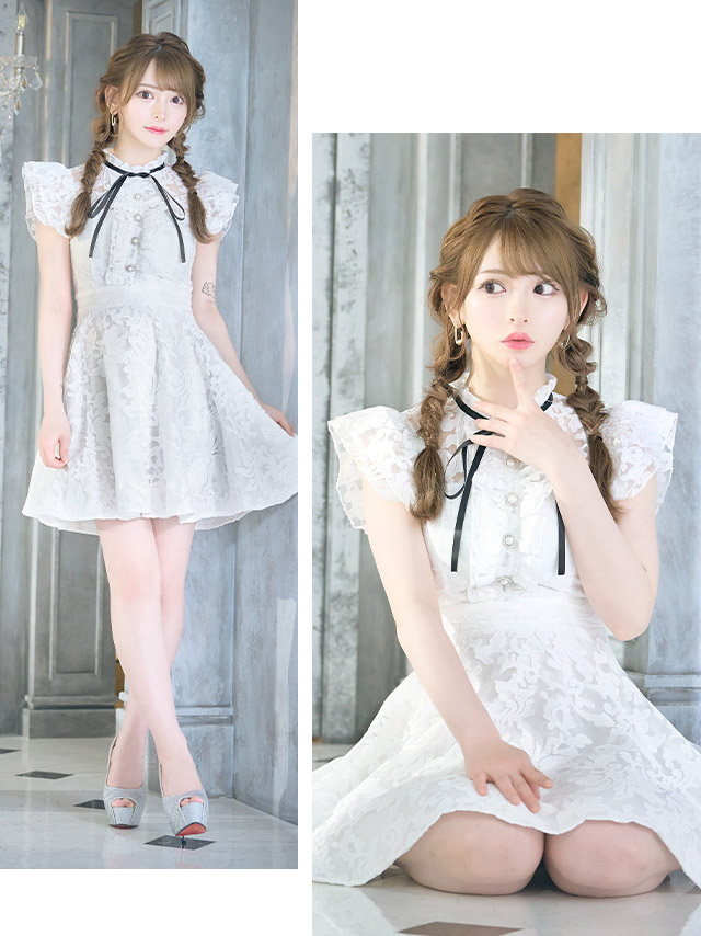 ネックリボンフリル袖シースルーフラワー総刺繍フレアミニドレスのイメージ画像2