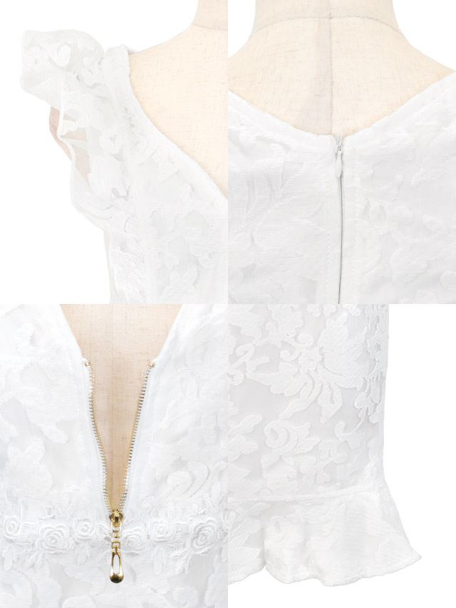 ワンカラーオーガンジー刺繍ノースリーブフリル袖バストジップタイトミニドレスの商品特徴
