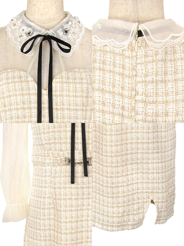 フラワーモチーフ襟付きネックリボンシアー袖あり切替ツイードチェック柄ウエストベルトタイトミニドレスの商品特徴