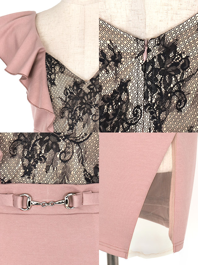ウエストマークベルト付きブラックフラワーレース切り替えゴージャスフリル袖ストレッチタイトミニドレスの商品特徴
