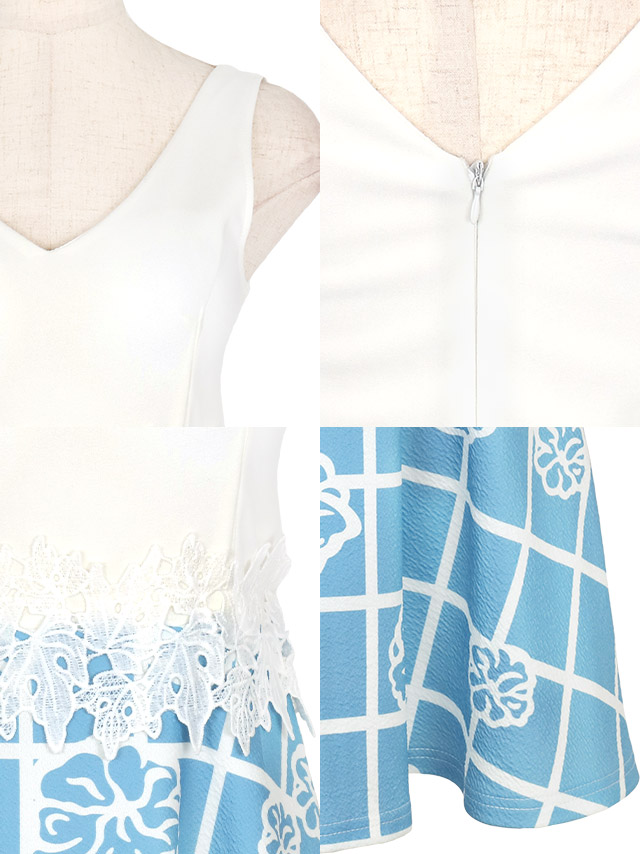 ノースリーブウエスト刺繍切り替え格子柄フラワープリントフレアミニドレスの商品特徴